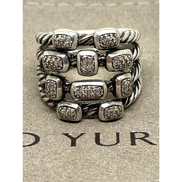 DAVID YURMAN CONFETTI STERLING PAVE DIAMOND RING 4 ROWS SIZE 7 - Picture 2 of 14